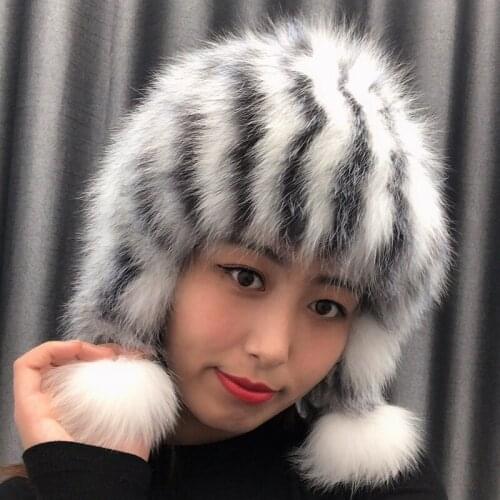 New Women Real Fox Fur Hats Winter Elastic Luxury Fur Caps Knitted Lined Genuine Raccoon Fox Fur Beanies Russian Bomber Hats