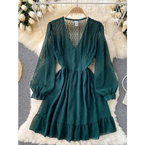 Sexy Polka Dot Chiffon Dress For Women V-Neck Puff Long Sleeve High Waist Ruffle Vestidos Casual Female Party Robe 2021 New