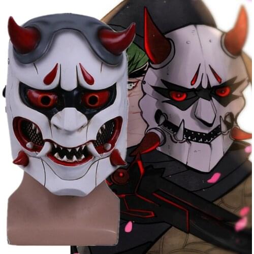 OW Shimada Genji Devil Skin Japanese Traditional Prajna Hannya Horror Ghost Cosplay GFRP Mask Helmet Masks Halloween Party