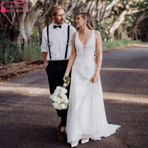 Deep V-Neck Chiffon Wedding Dresses Backless Lace Appliques Boho Bridal Gowns VestIdo De Noivas ZW459