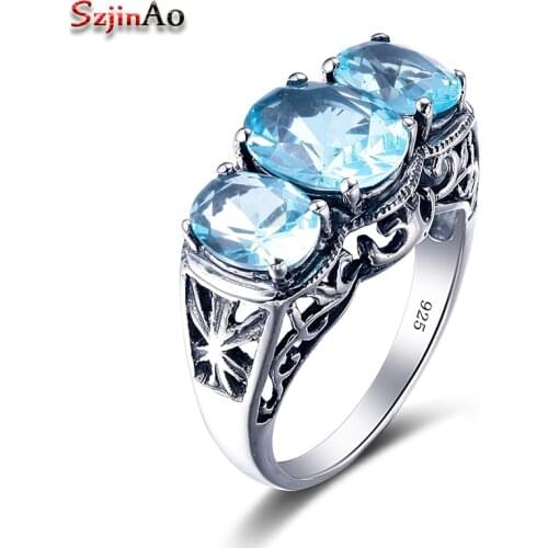Szjinao Bohemian Big Shape Vintage Party Finger Ring Moonlight Blue Aquamarine 925 Sterling Silver Jewelry Rings Wholesale