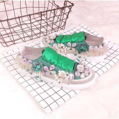 Handmade custom gemstone tassel beaded flash drill silk canvas shoes European station tide