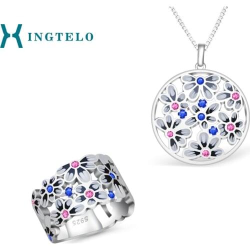 XINGTELO 925 Sterling Silver Pendant Flower Inlaid Colorful Cubic Zirconia Hollow Silver Ring Set for Womans Anniversary Gift