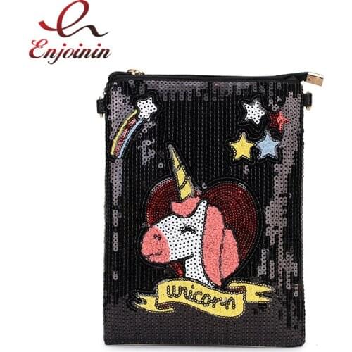 Trend Personality Sequins Unicorn Stars Design Pu Women Shoulder Bag Crossbody Messenger Bag Female Bolsa Handbag Ladies Flap