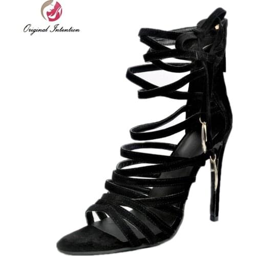 Original Intention Super Sexy Women Sandals Fashion Peep Toe Thin Heels Sandals Popular Black Shoes Woman Plus US Size 4-15