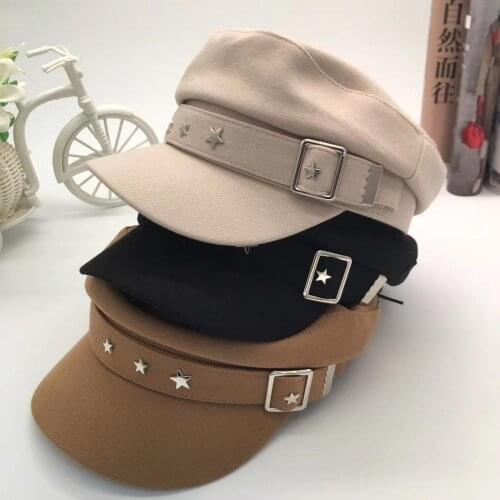 Womens Bristish Military Captain Cap Fall Winter Designer Punk Newsboy Hat with Belt Flat Top Studs Octagonal Hats Fashionable