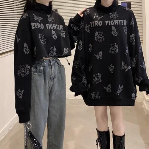 Gothic Sweatshirt Women Butterfly Bear Full Print 2021 Summer Fashion Master Tops Street Dark Style Harajuku Crew Neck Pullover