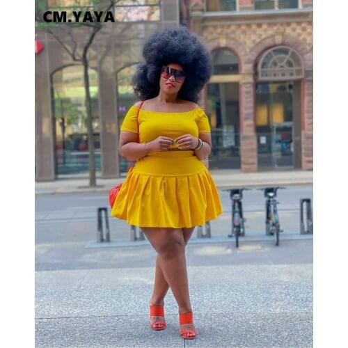 CM.YAYA Plus Size Two 2 Piece Set Solid Slash Neck Short Sleeves Top+mini Pleated Skirts Set Sexy Casual Outfits Summer 2021