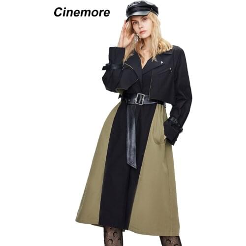 Cinemore 2021 Spring Autumn Women Trench Coat Long Loose Belt Fashion Chic Vintage Side Pockets Laple Female Outerwear Top 82006