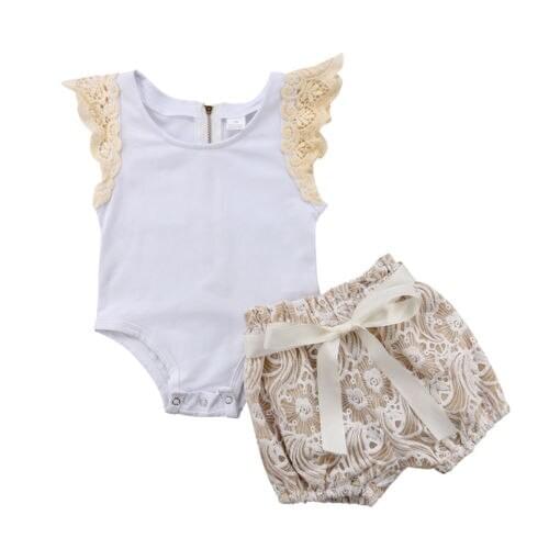 2PCS Toddler Kids Baby Girl Outfits Romper Tops + Shorts Pants Clothes Set 0-18M
