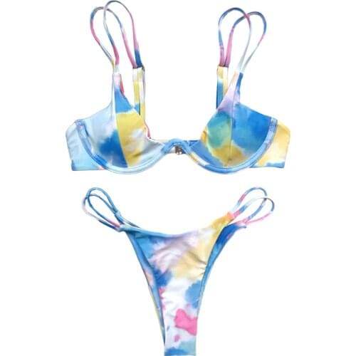 Quanss Tie Dye Print Bikini Set Underwire Push Up Swimwear Women Two Piece Swimsuit Thong Sexy Swim Biquini Beach Bathing Suit