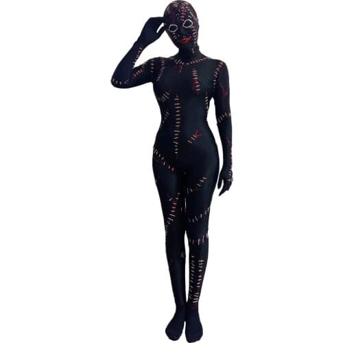 Black Long Sleeve Jumpsuits Wound Suture Decoration Halloween Costume Bar Dance Scary Clothing Carnival Party Nightclub Costumes