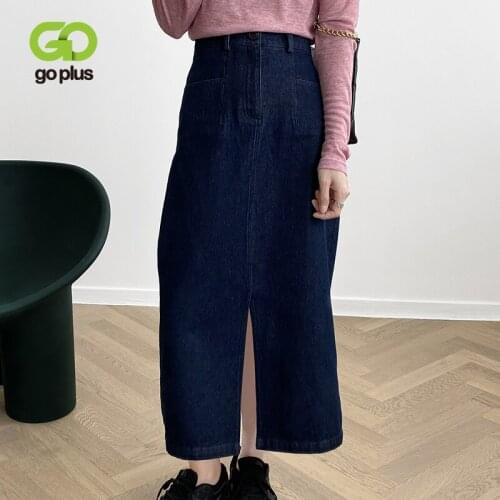 GOPLUS Winter Womens Denim Skirts Korean Style Vintage Black A-line High Waist Mid Calf Skirts Womans Mujer Faldas Saias Mulher