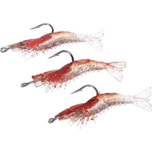 Hot-3Pcs 6cm/3g Artificial Fishing Lure Bionic Shrimp Prawn Soft Bait Fishing Tackle Noctilucent Luminous Lifelike with Hook Red