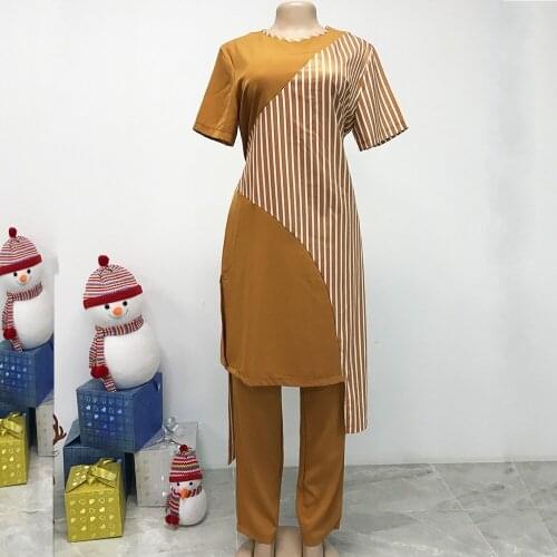 Two Piece Set Africa Clothes African New Dashiki Fashion Stripe Print Suit Top Trousers Super Elastic Party Women Outfits 2021