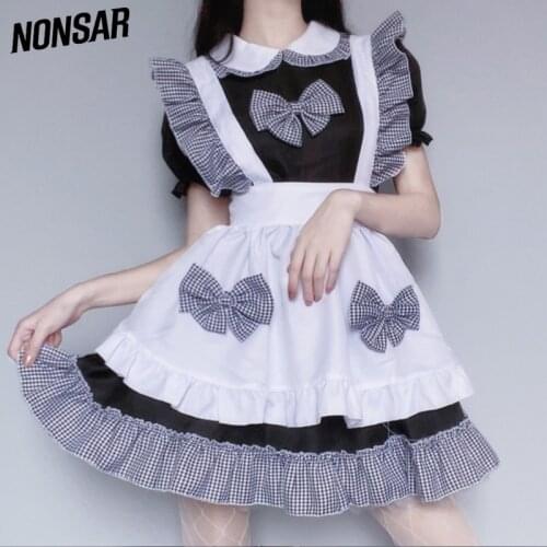 NONSAR Japanese Cute Cosplay Lolita Dress Womens Maid Service Black And White Ribbon In The Wedding Party Sweet Sexy Bow Dress