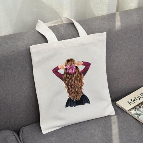 Reusable Shopping Bag Fashion Women Canvas Bags Bow Gril Printing Cartoon Bag Shopping Bag Shopper Shoulder Bags Sweet Elegant