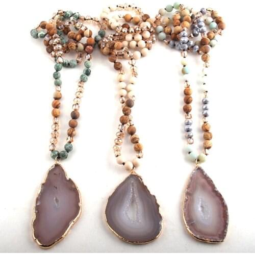 RH Fashion Bohemian Tribal Jewelry Crystal / Stone Long Knotted Gray Agt Stone Pendant Necklaces For Women