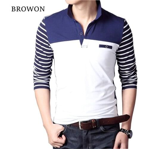 BROWON Spring Autumn Casual Men Long Sleeve T-shirt Cotton Elastic Slim Fit Dress T Shirt Men V-Neck Stripe Men Tops & Tees