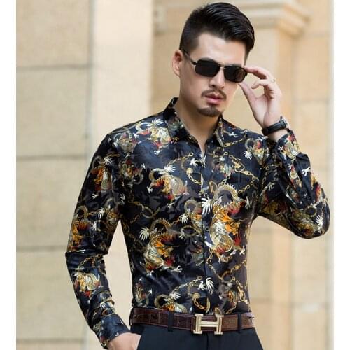 New arrival mens 2017 autumn see through shirts long sleeve china dragon clothing man sexy hollow gold velvet dress shirt