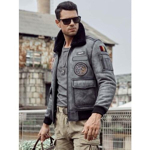 2020 New Mens Sheepskin Shearling Jacket Flight Jacket Grey Leather Jacket Mens Winter Coats Short Fur Coat Embroidered Jacket