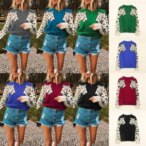 Autumn Blouse Casual Stitching Leopard Print Elastic Round Neck Pullover Long Sleeve Sweater