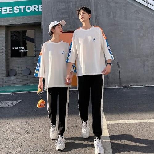 Couples summer patchwork middle sleeve five-quarter sleeve printed suit couples clothes couples clothing