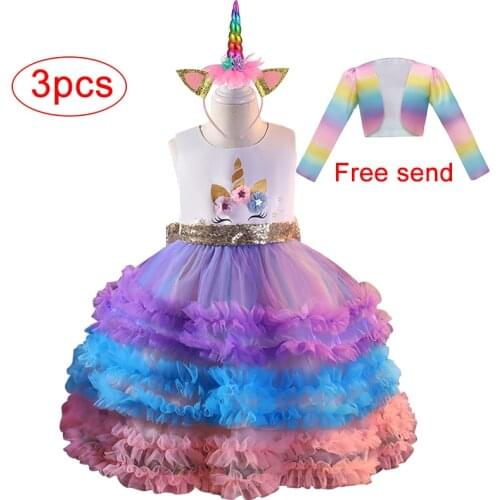 Dress For Girl Rainbow Unicorn Cosplay Costume Elegant Flower Lace Tutu Formal Ball Gown Princess Dresses 2 3 4 5 7 8 9 10 Years