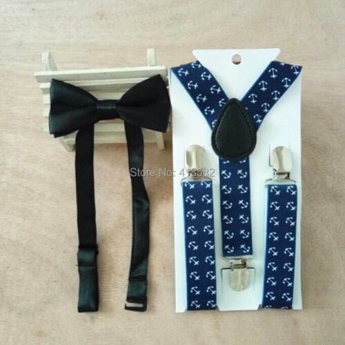 LB060-S anchor print navy blue kids suspenders 3 cilps brace with bow tie set for baby