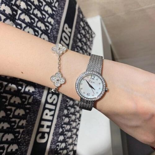 Luxury Brand Crystal Quartz WristWatch 10 Diamond Stainless Steel Watch Sign Letter Logo Mother of Pearl Shell Dial Clock