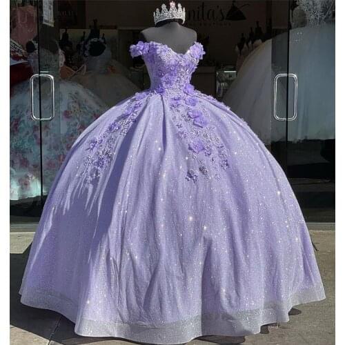 2021 Lilac Sparkly Ball Gown Quinceanera Dresses 3D Flower Sweetheart Sequins Applique Sweet 15 16 Dress Party Wear