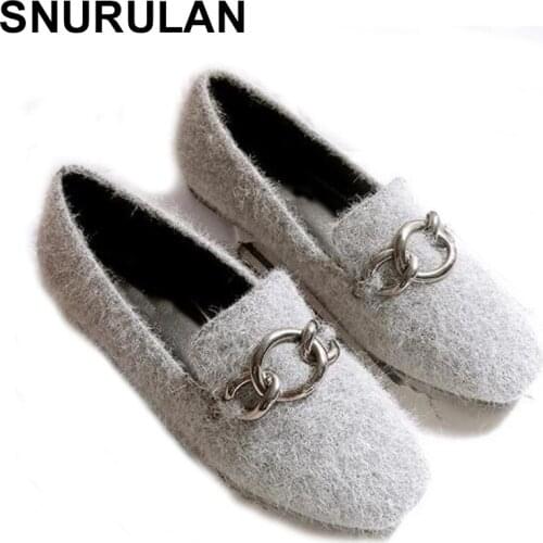 SNURULAN Fur Loafers Women Genuine Leather Spring Autumn Moccasin Flat Shoes Plus Size 34~43 Square Toe Slip-on Casual Flats