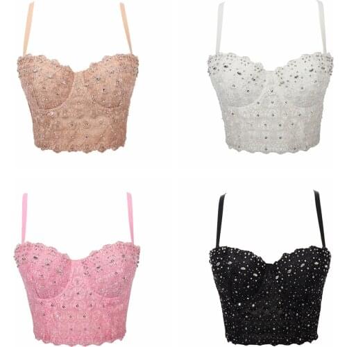 Women Sexy Tank Top, Adults Backless Embroidered Spaghetti Strap Bead Padded Crop Top