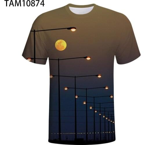 Full Moon 3D Printing Mens and Womens Street Lights Supernatural Leisure Comfortable Breathable Sweat-absorbent O-neck T-shi
