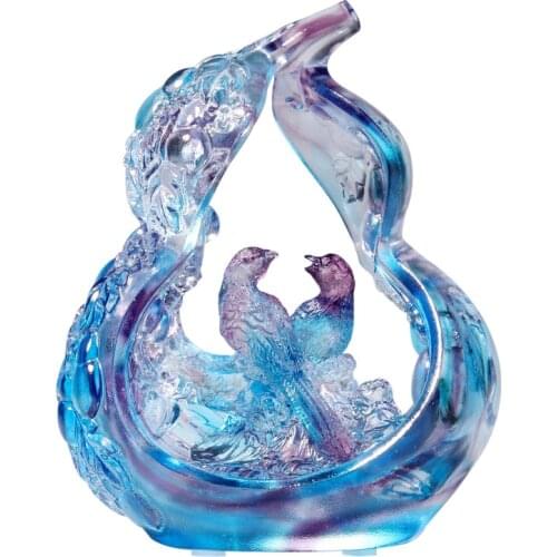 High Grade Creative Wedding Crystal Love Artwork Colored Glaze Lovely Birds Gourd Design Hand Made Glass Statue Home Decorative