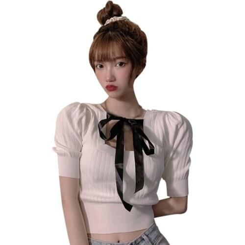 Women Sweet Bow Tie Lace Square Neck T-shirt Summer Short Sleeve Solid Color Ladies Elegant Tee