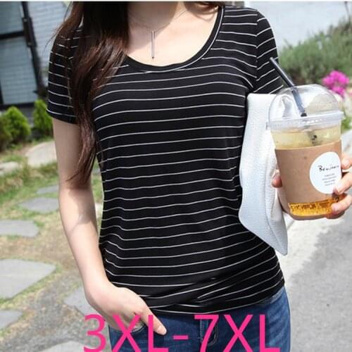 New summer plus size tops for women large short sleeve loose elastic stripe O neck T-shirt black 3XL 4XL 5XL 6XL 7XL