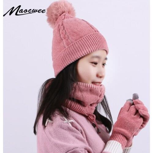 Women Knitted Winter Hat Scarf And Gloves Three Pieces Set Thick Warm Pom Pom Hat With Lining Ring Scarf Screen Touch Glove Set
