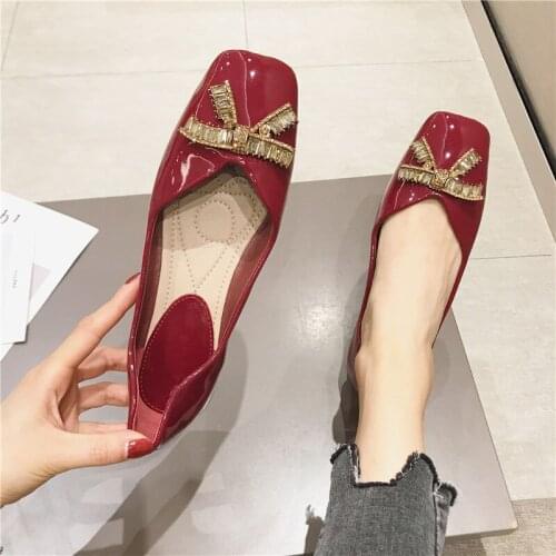 2021 Spring New Square Toe Patent Leather Red Wedding Shoes Woman Comfortable Soft Sole Flats Zapatillas Mujer