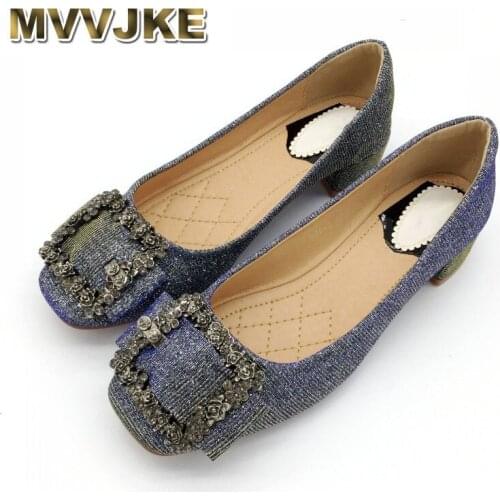 MVVJKE Spring Autumn Women Pumps Shoes Crystal High Heel Woman Shallow Square-heel Mid heel Shoes