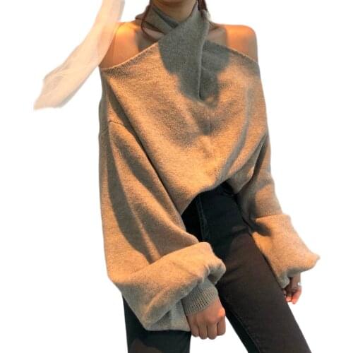 Women Retro Criss-Cross Halter Knitted Sweater Off Shoulder Hanging Neck Strapless Pullovers Oversized Lady Sweaters
