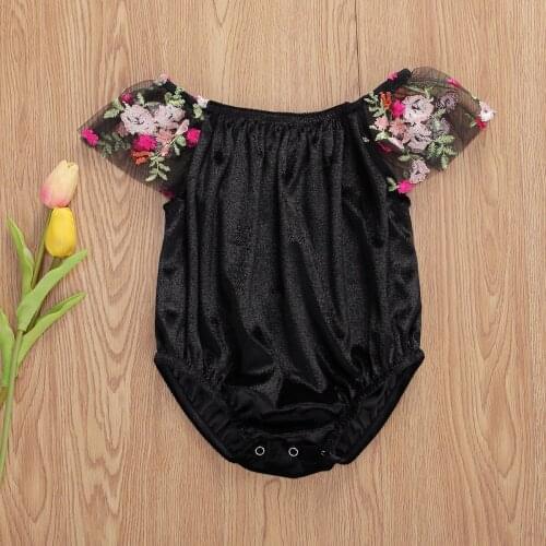 0-24M Summer Cute Infant Baby Girls Bodysuits Lace Flowers Print Short Sleeve Off Shoulder Jumpsuits