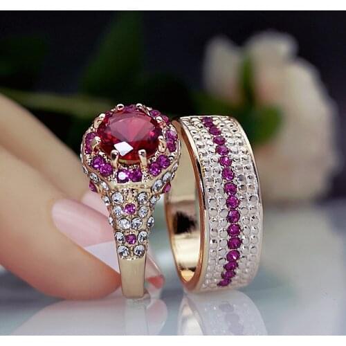 Lovely Female Round Red Gem Crystal Ring Set Charm Rose Gold Engagement Ring Luxury Small Zircon Wedding Ring Size Us5-11