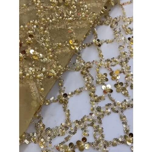 5yards/pc) High grade light gold beaded African tulle lace fantastic pearls beads and sequins embroidered French lace FRX016