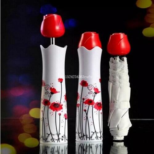 50pcs Portable Rose Vase Umbrella Sunny Rainy Folding Umbrellas Ladies Fashion Lovely Rain Gear Wholesale