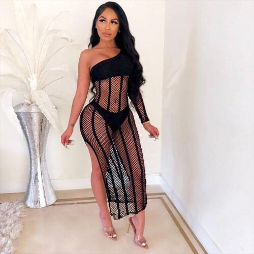 BKLD Mesh Sheer Dress Sexy Club Wear 2020 Fashion Women One Shoulder Long Sleeve High Split White Midi Dress Black Bodycon Dress