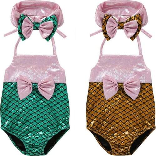 Baby Girl Swimwear Toddler Kids One Piece Swimsuit Sequin Bowknot Bathing Suit+Headband 2pcs Bathing Beachwear Girls Swimwear