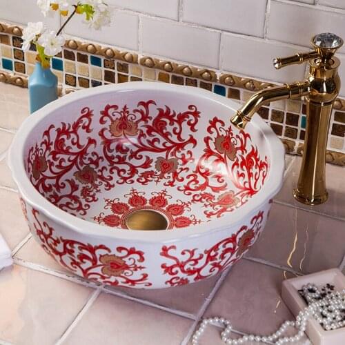 Colorful China Artistic Handmade porcelain Round bathroom counter top ceramic Bathroom basin sink decorative bathroom basin sink