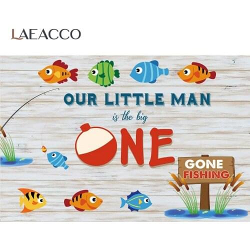 Laeacco Baby Cartoon 1st Birthday Party Our Little Man Is Turning One Fishing Pool Custom Banner Photo Background Photo Backdrop