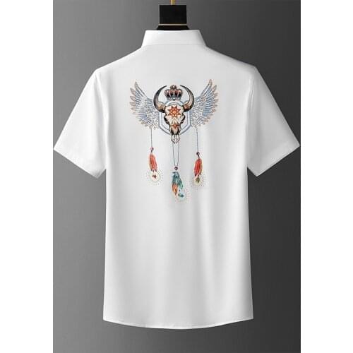 Summer Crown wing Rhinestone Shirts Men Short Sleeve Slim Business Formal Dress Shirts Streetwear Social Casual Shirt Camisa